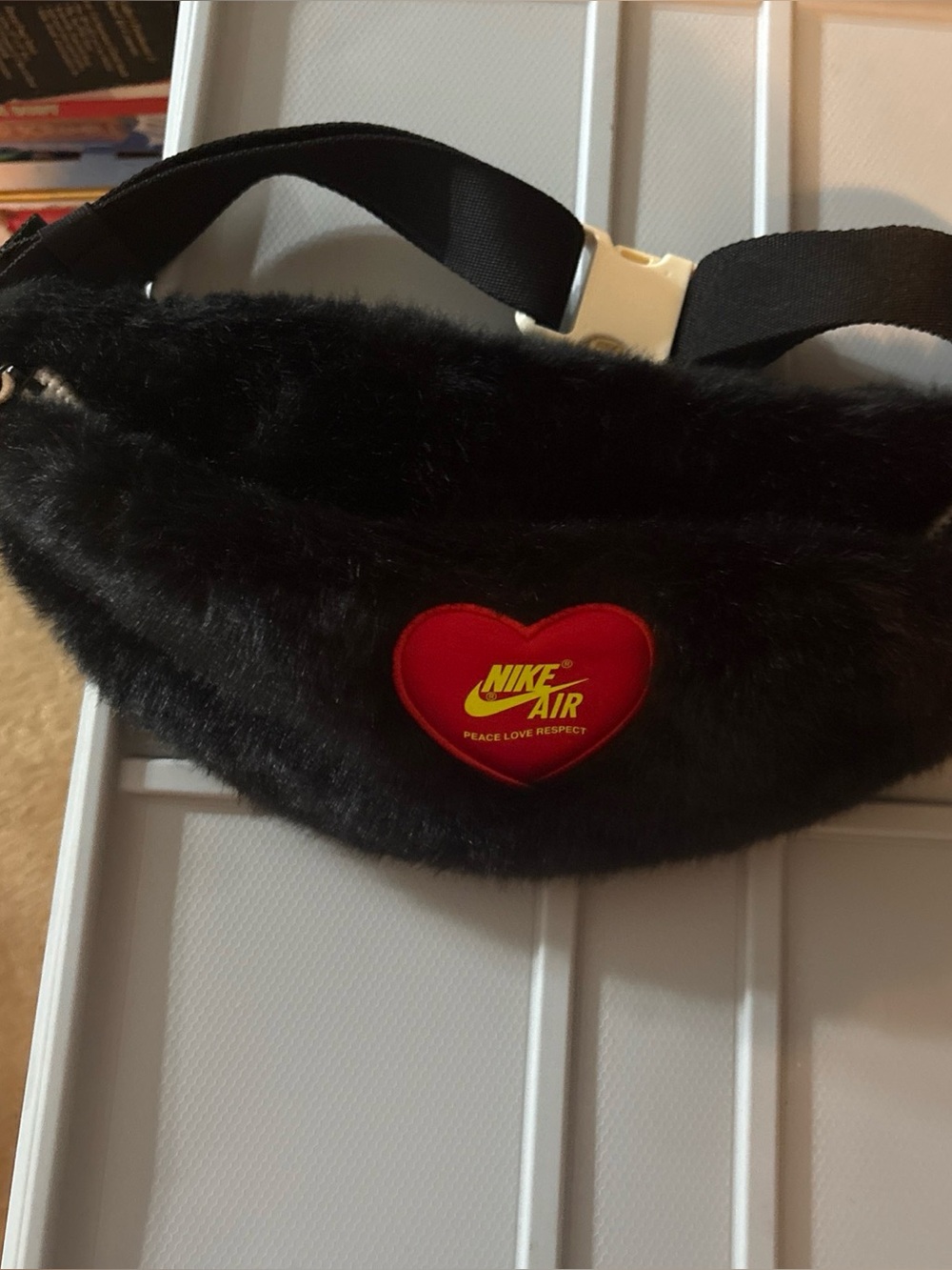 Nike Black Faux Fur Belt Bag with Red Heart Nike Air Patch